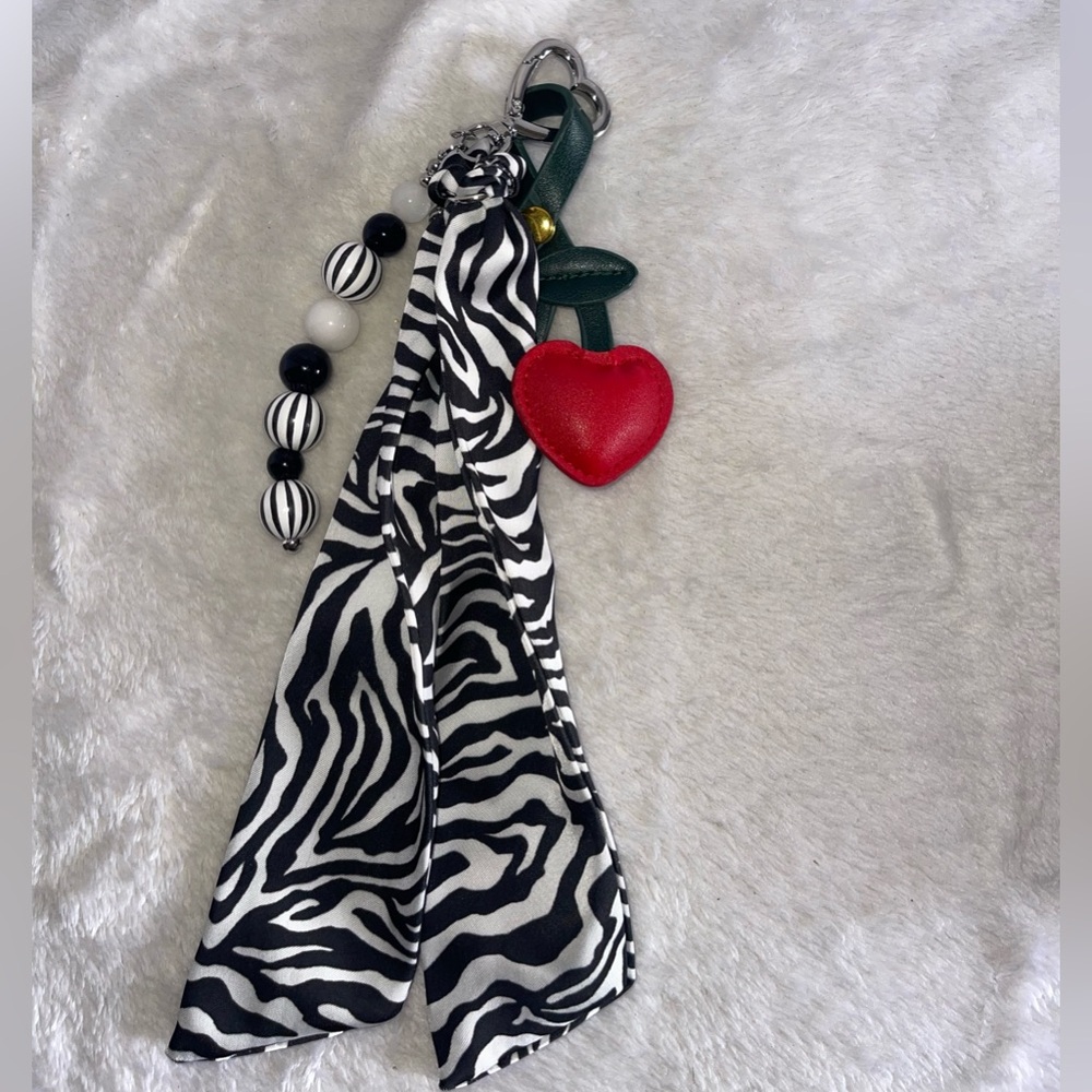 Zebra Print Short Scarf Keychain or Purse Charm with Red Heart Charm
